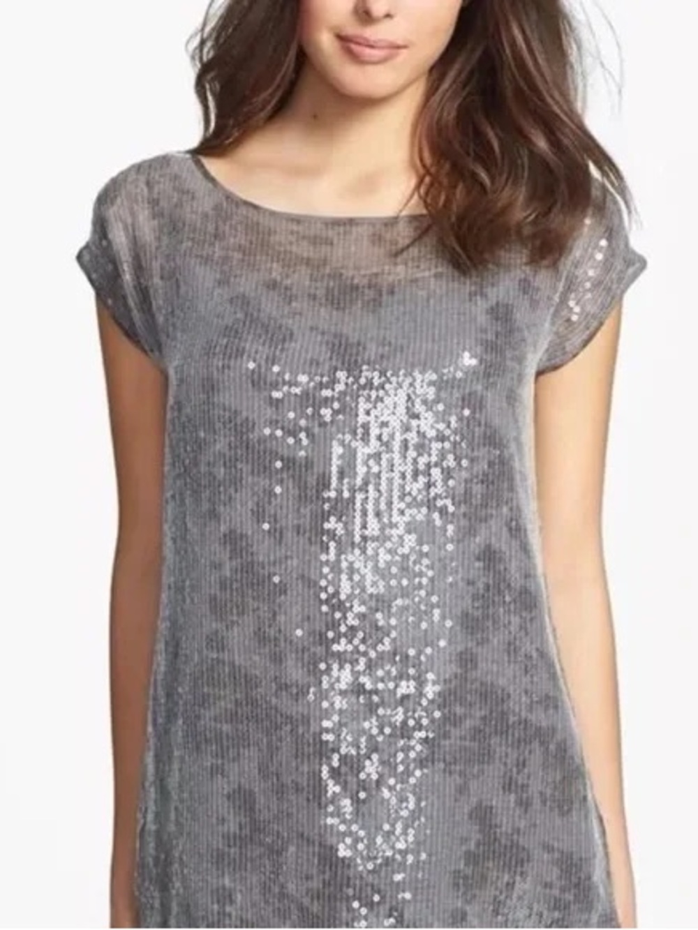 Eileen Fisher Silk Sequin Top Gray Sheer Layered Blouse Metallic Party Lagenlook